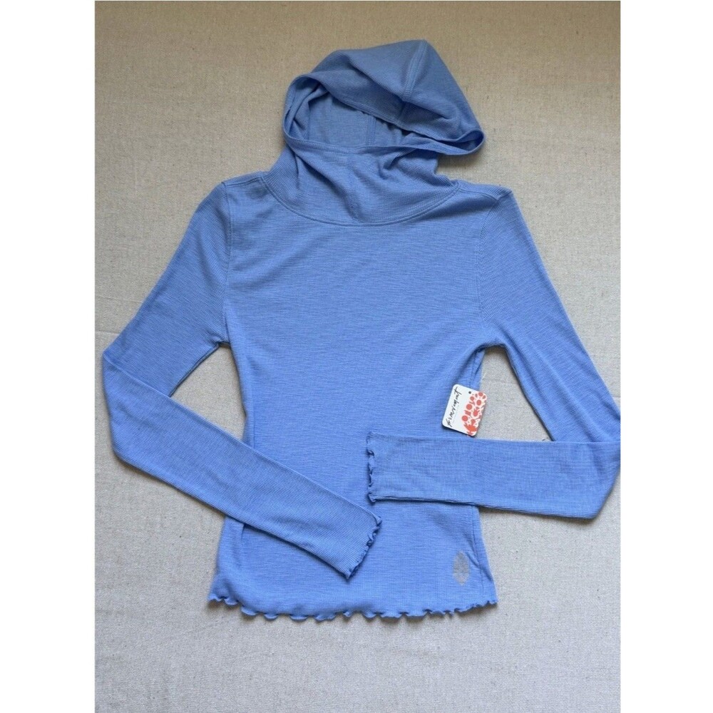 Free People Movement Ribbed Hoodie Top Blue Lettuce Edge OB1461142 Small